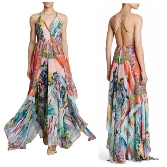 Alice + Olivia Orly Lola Lady Dress Size 2 Boho Resort Maxi Handkerchief Hem - Picture 14 of 14